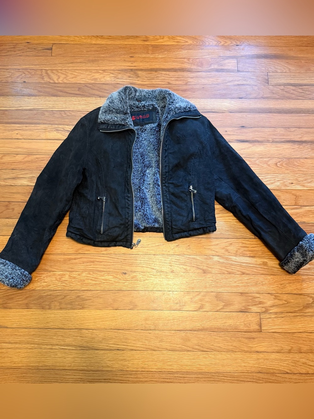 Guess Black leather Jacket with Red Logo and Gray Faux Fur
